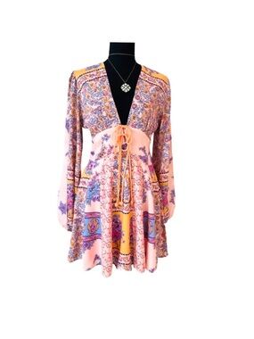 FREE PEOPLE ~ Long Flowy Sleeves Deep V Floral Multicolor Boho Dress fully Lined